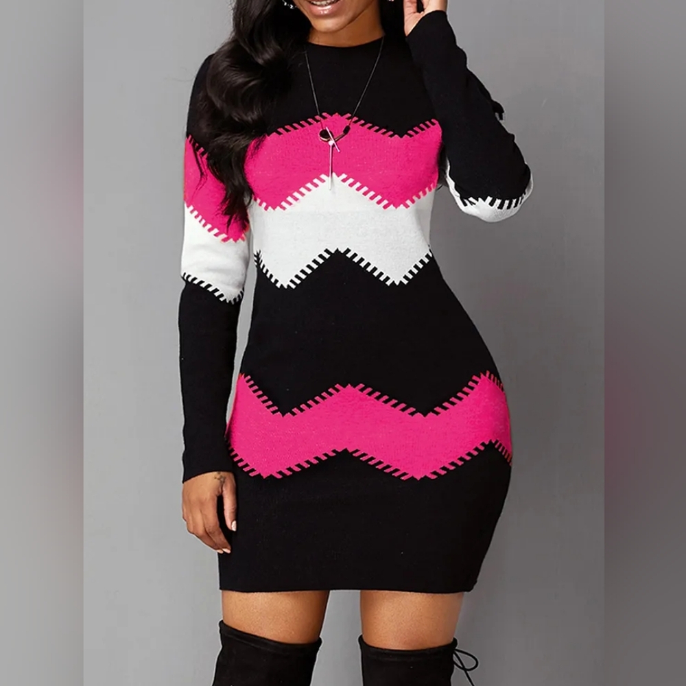 Womens polyester pink and black sweater dress knee length size Medium